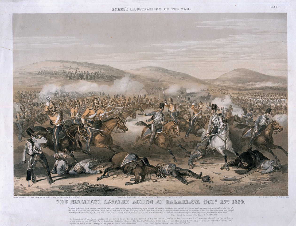 Wspaniała akcja kawalerii w bitwie pod Kominiarką, 25 października 1854 r., grawerowana przez Edmunda Walkera, opublikowana w 1854 r. (podbarwiona litografia) autorstwa Henry Martens