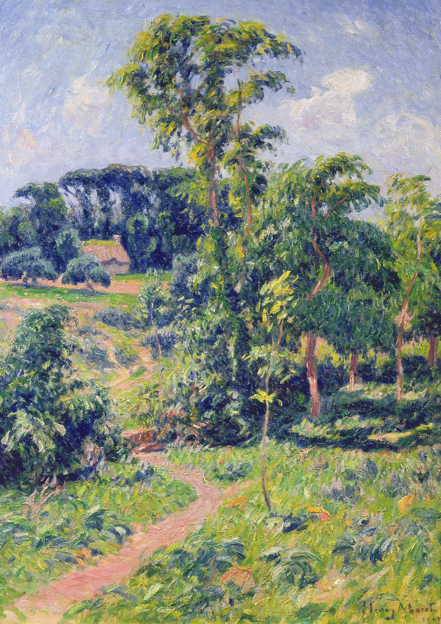 Krajobraz z drzewami i ścieżką prowadzącą do chaty autorstwa Henry Moret