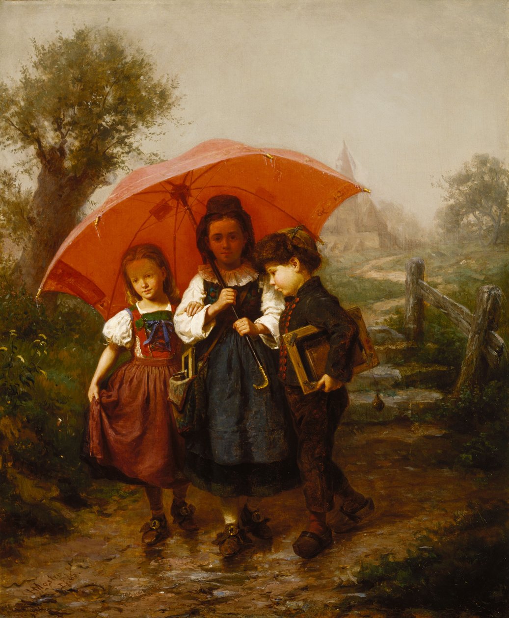 Dzieci pod czerwonym parasolem autorstwa Henry Mosler