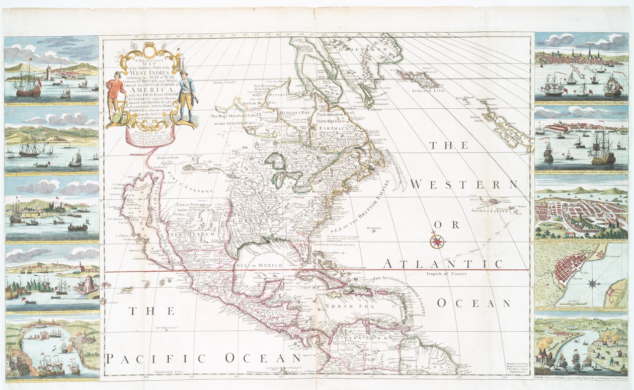 Nowa i poprawna mapa handlowej części Indii Zachodnich, 1741 (ręcznie kolorowany druk) autorstwa Henry Overton