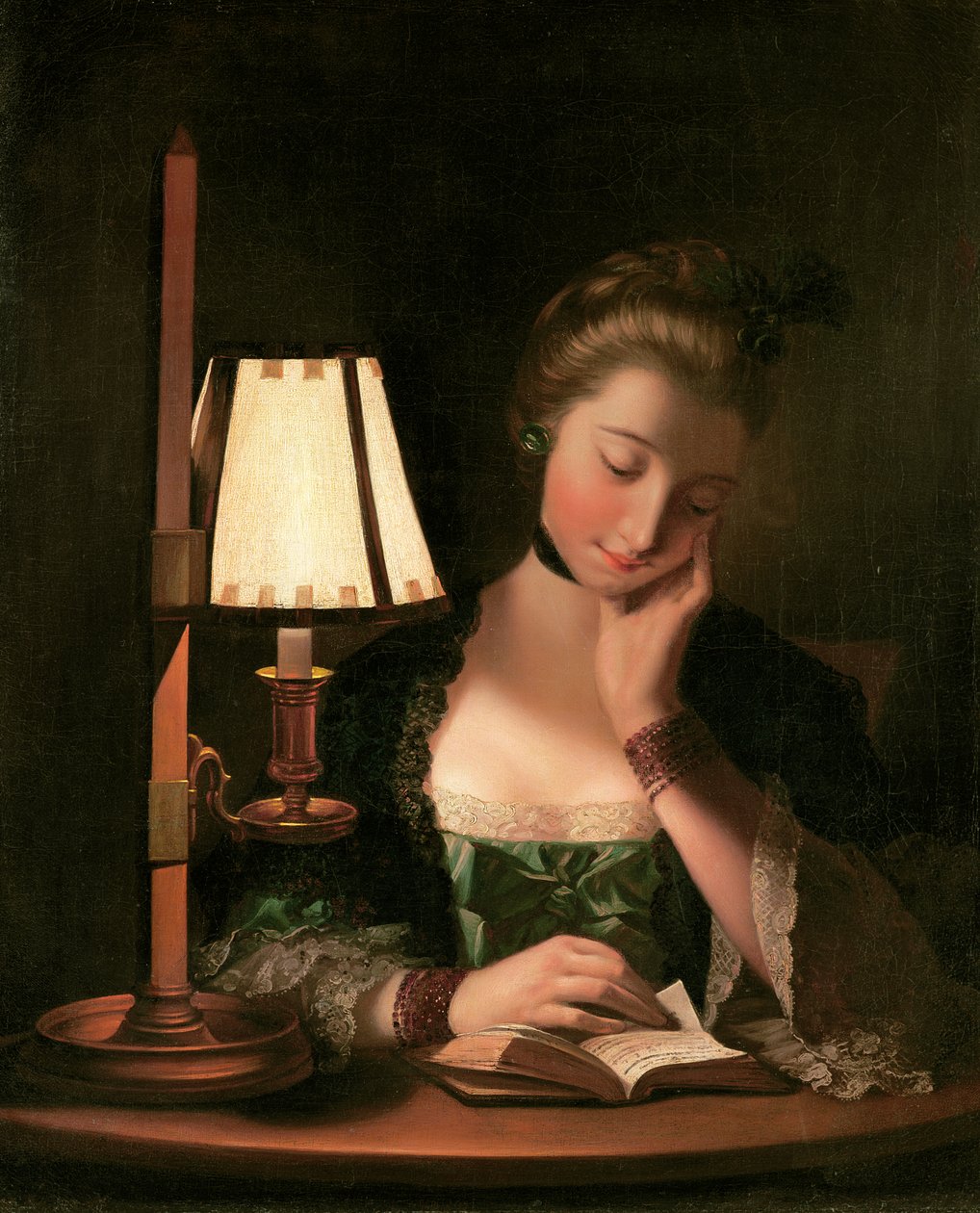 Kobieta czytająca przy papierowym dzwonku Cień, 1766 autorstwa Henry Robert Morland