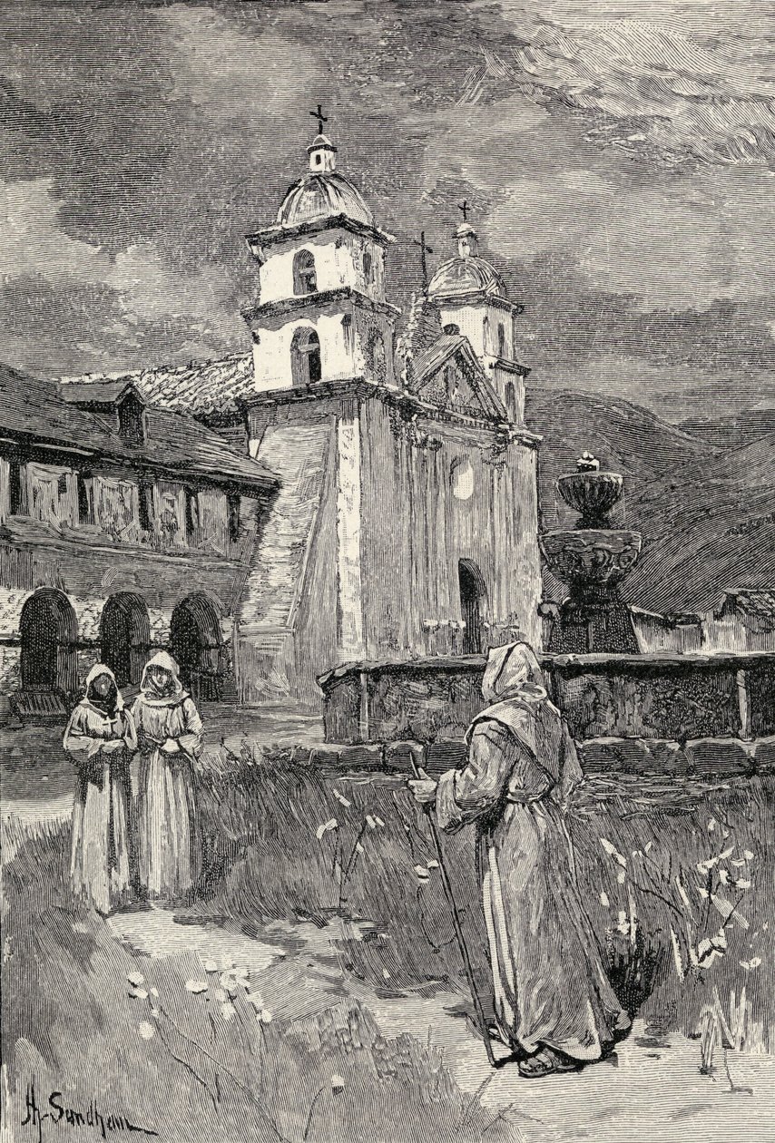 Fontanna i misja, Santa Barbara, Kalifornia, z „The Century Illustrated Monthly Magazine”, od maja do października 1883 r. autorstwa Henry Sandham