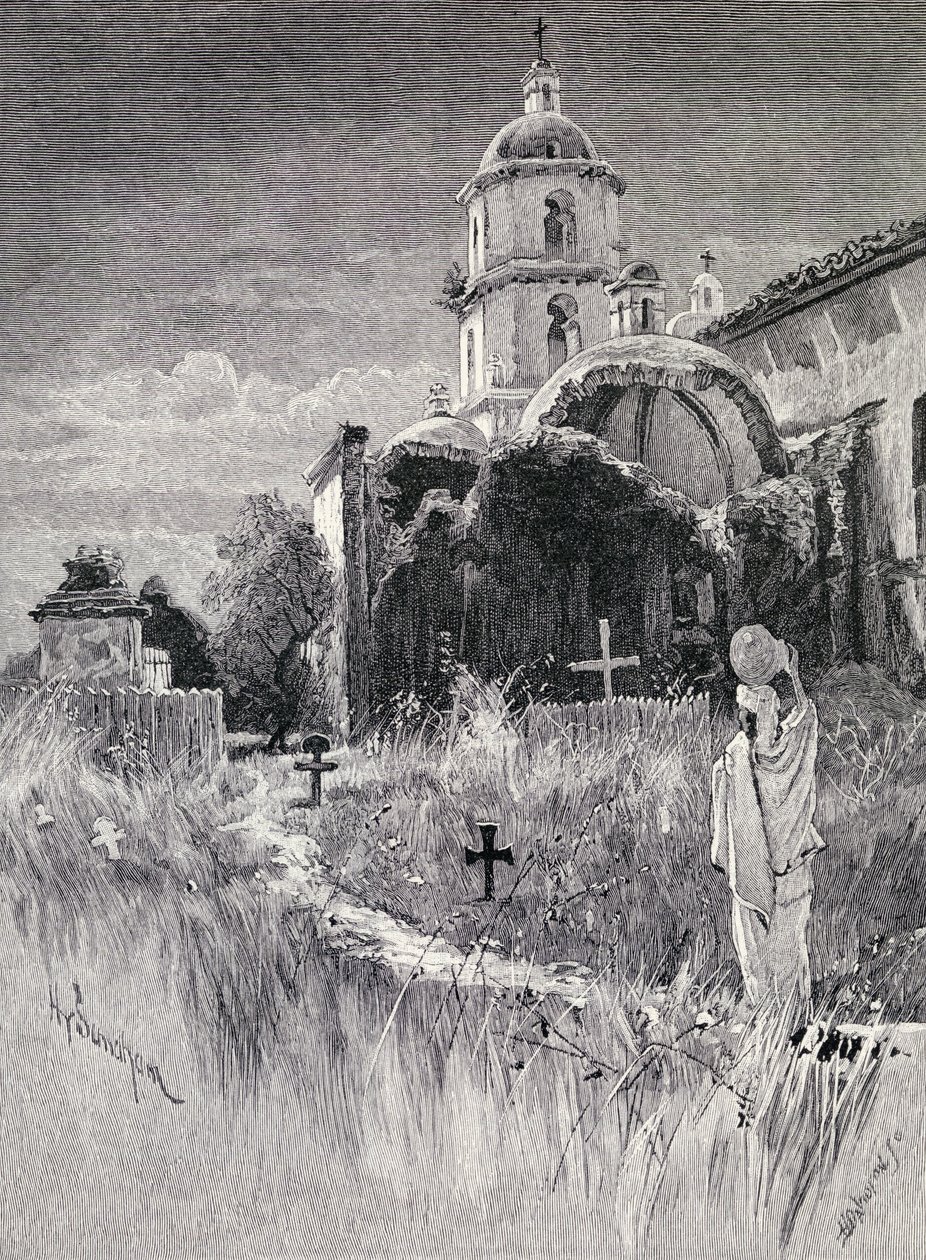 Kapinės ir misija, San Luis Rey de Francia, Kalifornija, iš „The Century Illustrated Monthly Magazine“, 1883 m. gegužės–spalio mėn. autorstwa Henry Sandham