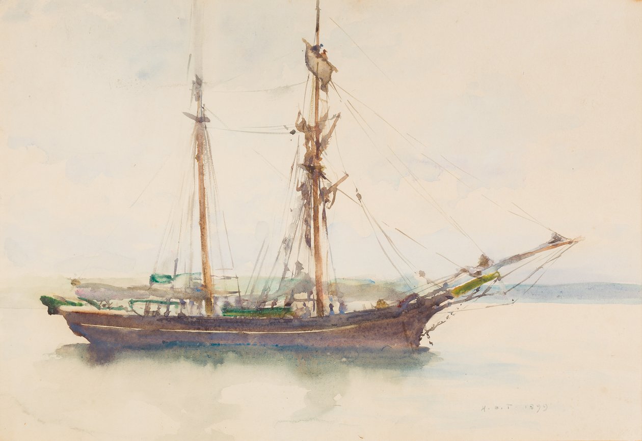 Barek z opuszczonymi żaglami (wc na papierze) autorstwa Henry Scott Tuke