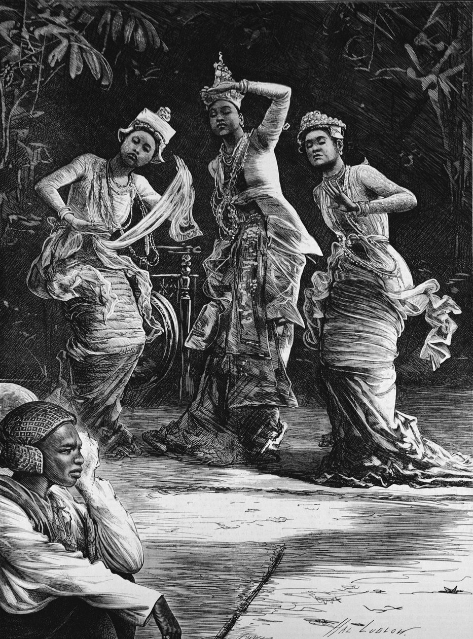 Birmańskie dziewczyny z baletu, gdy występowały przed wicekrólem Indii w Rangunie, z „The Illustrated London News”, 18 lutego 1882 autorstwa Henry Stephen Ludlow