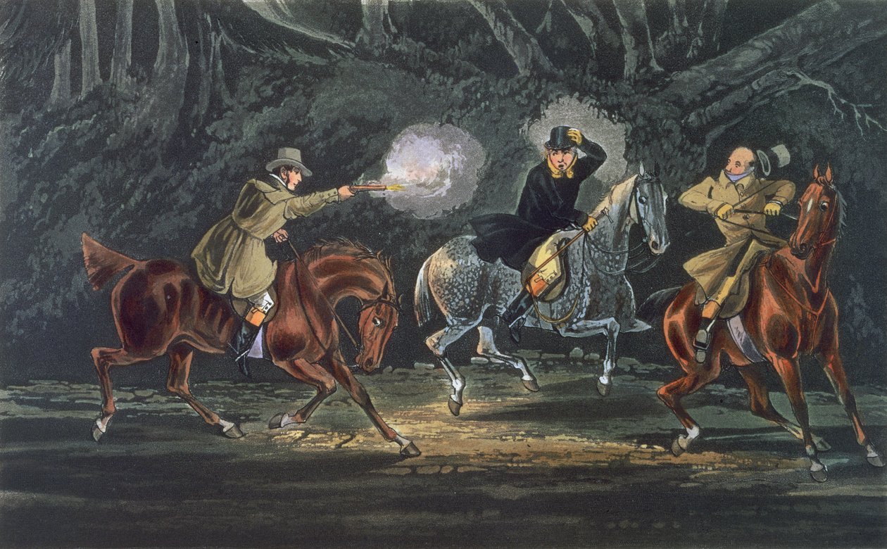 Stand and Deliver, akwatinta E. Duncana, wyd. 1851 przez R. Ackermanna (akwatinta) autorstwa Henry Thomas Alken