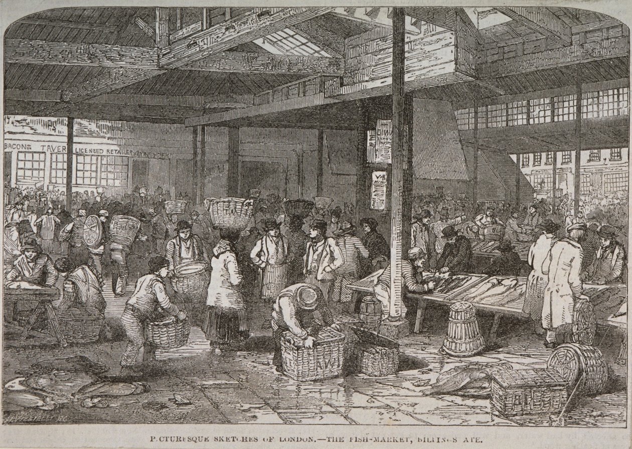 Widok wnętrza targu Billingsgate, 1849 r. autorstwa Henry Vizetelly