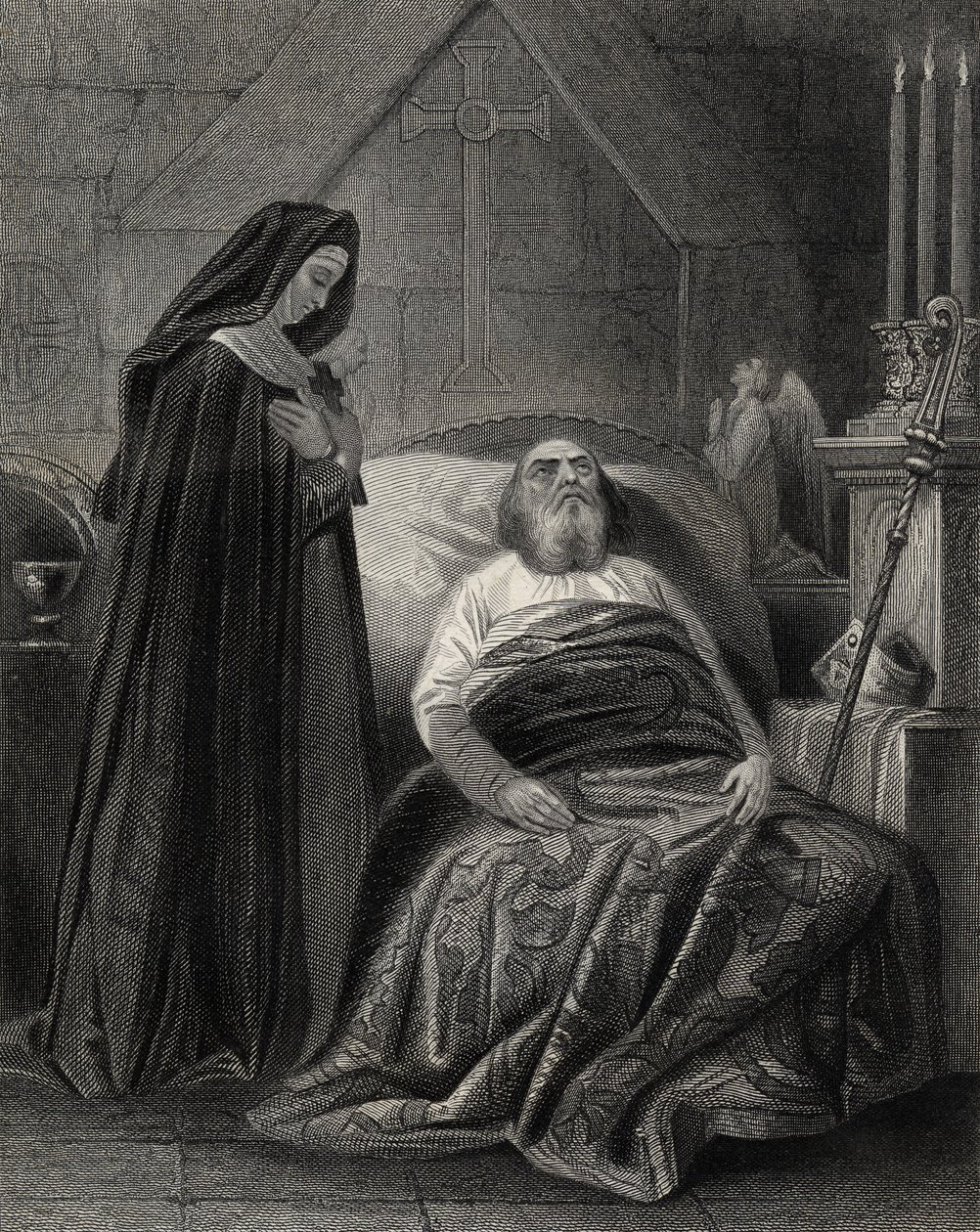Śmierć św. Patryka, grawerowana przez J.Rogers autorstwa Henry Warren