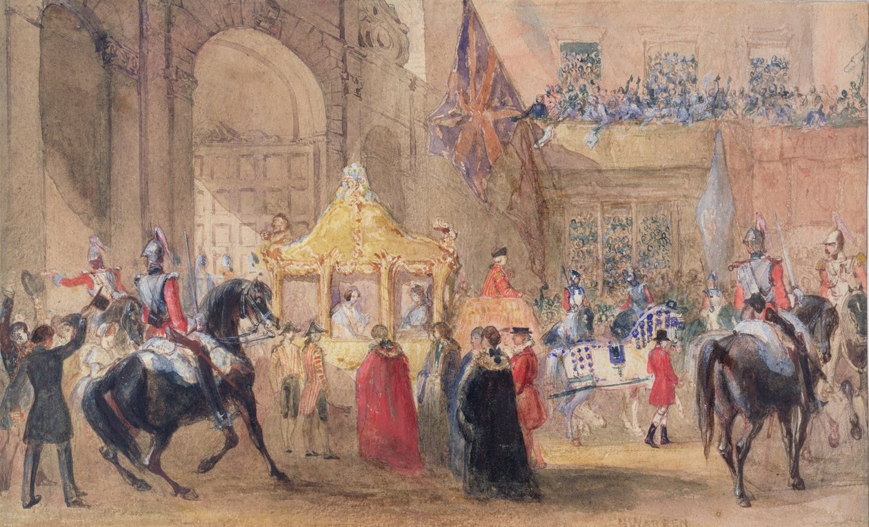 Lord Mayor stojący w gotowości do powitania królowej Wiktorii (1819-1901) w Temple Bar w 1837 r. autorstwa Henry Warren