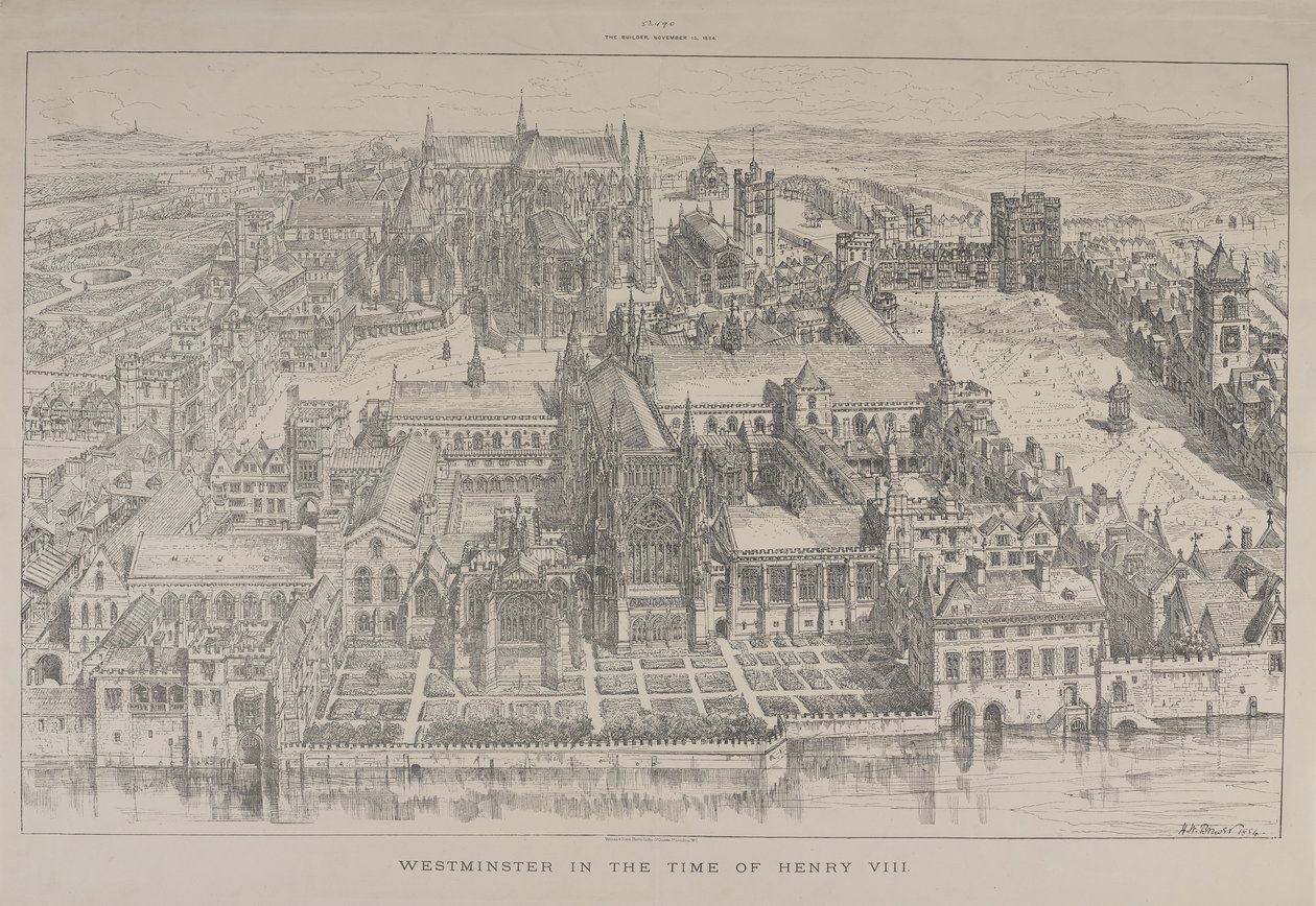 Widok z lotu ptaka na Opactwo Westminsterskie i Pałac Westminsterski w czasach Henryka VIII, 1884 autorstwa Henry William Brewer