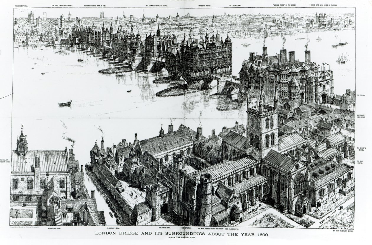 London Bridge i jego okolice około 1600 roku, z „Old London Illustrated, seria rysunków ilustrujących Londyn w XVI wieku”, 1884 autorstwa Henry William Brewer