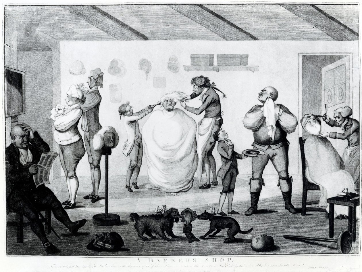 Zakład fryzjerski, wyd. William Dickinson (1746-1823), 1785 autorstwa Henry William Bunbury