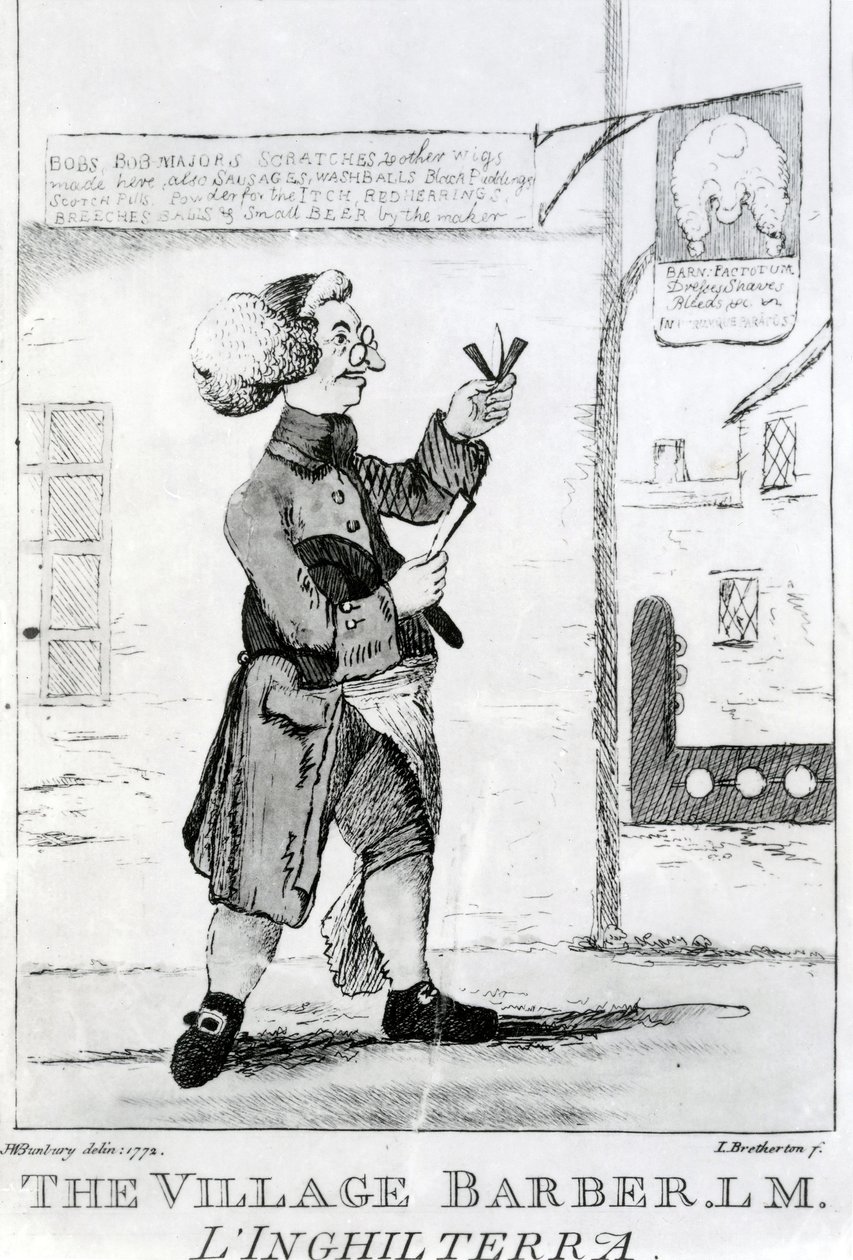 The Village Barber L. M. Inglaterra, grawerowane przez Jamesa Brethertona (1750-99), 1772 autorstwa Henry William Bunbury