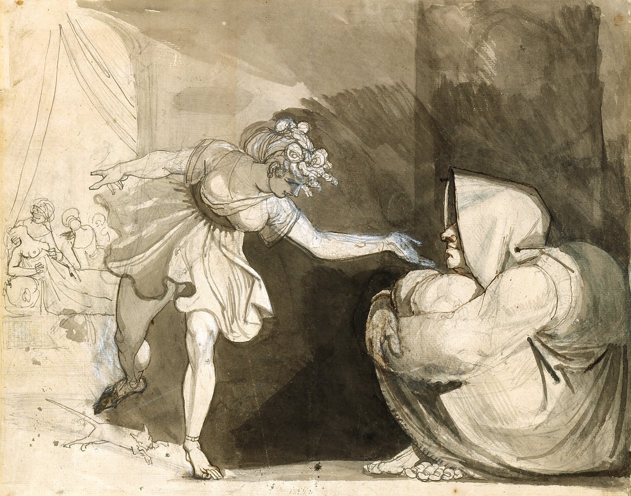 Galinthias przechytrza Eileithyię, ogłaszając narodziny Heraklesa (wersja: Portret pani Fuseli) (grafit, atrament i rozmycia atramentu wzmocnione bielą na białym papierze) autorstwa Henry (1741 1825) Fuseli