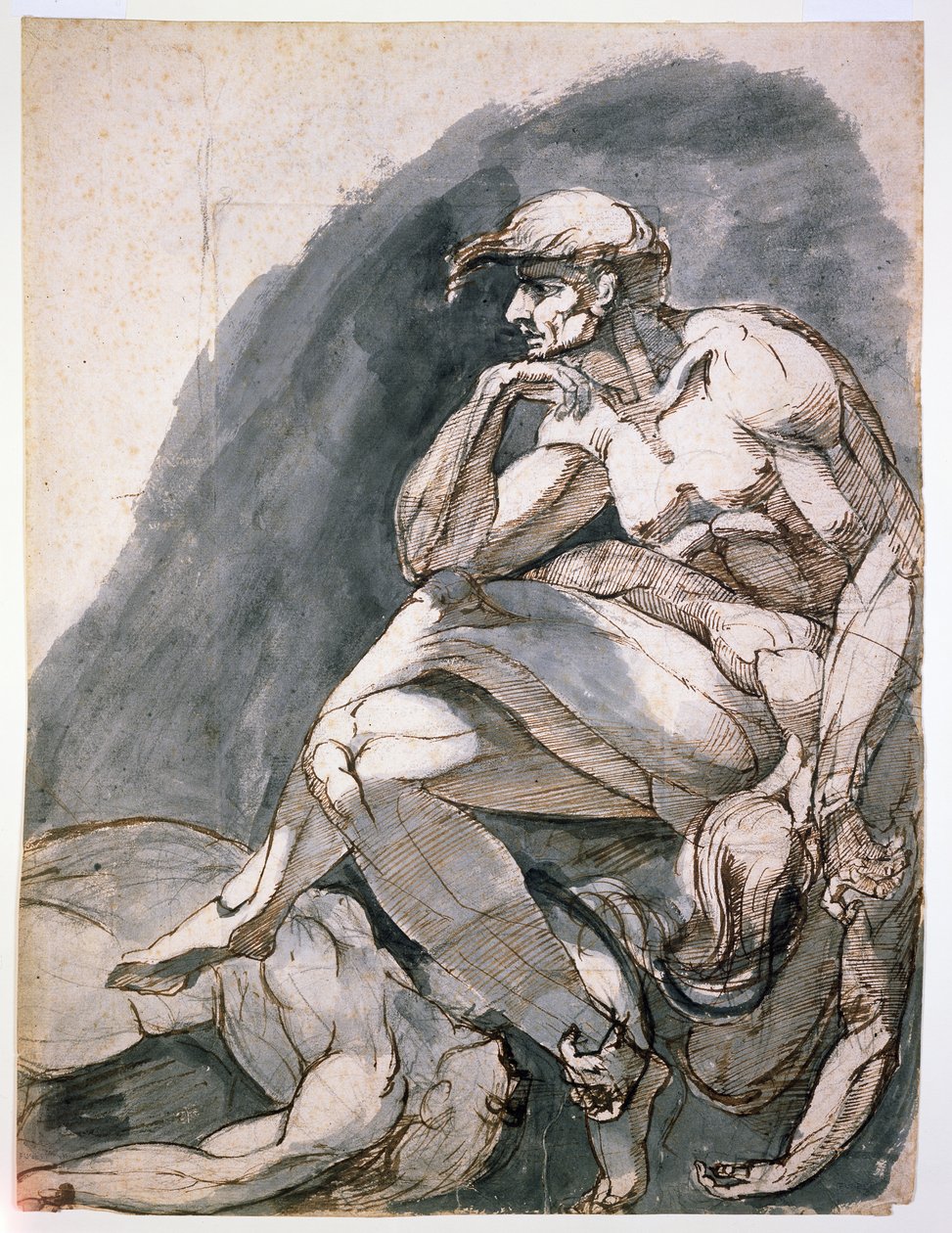 Mężczyzna z dwiema martwymi kobietami, ok. 1772 (pióro i brązowy tusz z szarym praniem na papierze) autorstwa Henry (1741-1825) Fuseli