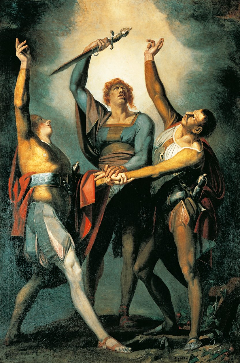 Trzej konfederaci podczas przysięgi Rutli autorstwa Johann Heinrich Füssli