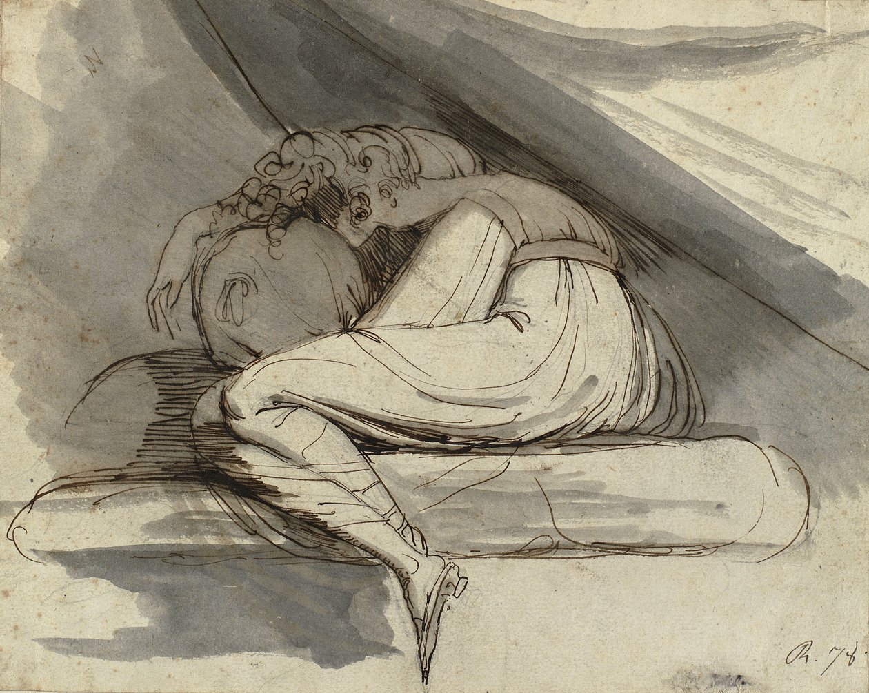 Siedząca kobieta, zwinięta w kłębek, po 1778 r. (ołówek, długopis, brązowy tusz i szare pranie) autorstwa Henry  Fuseli