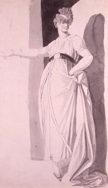Młoda kobieta z wyszukaną fryzurą stojąca z wyciągniętą prawą ręką (ołówek i pranie) autorstwa Johann Heinrich Füssli