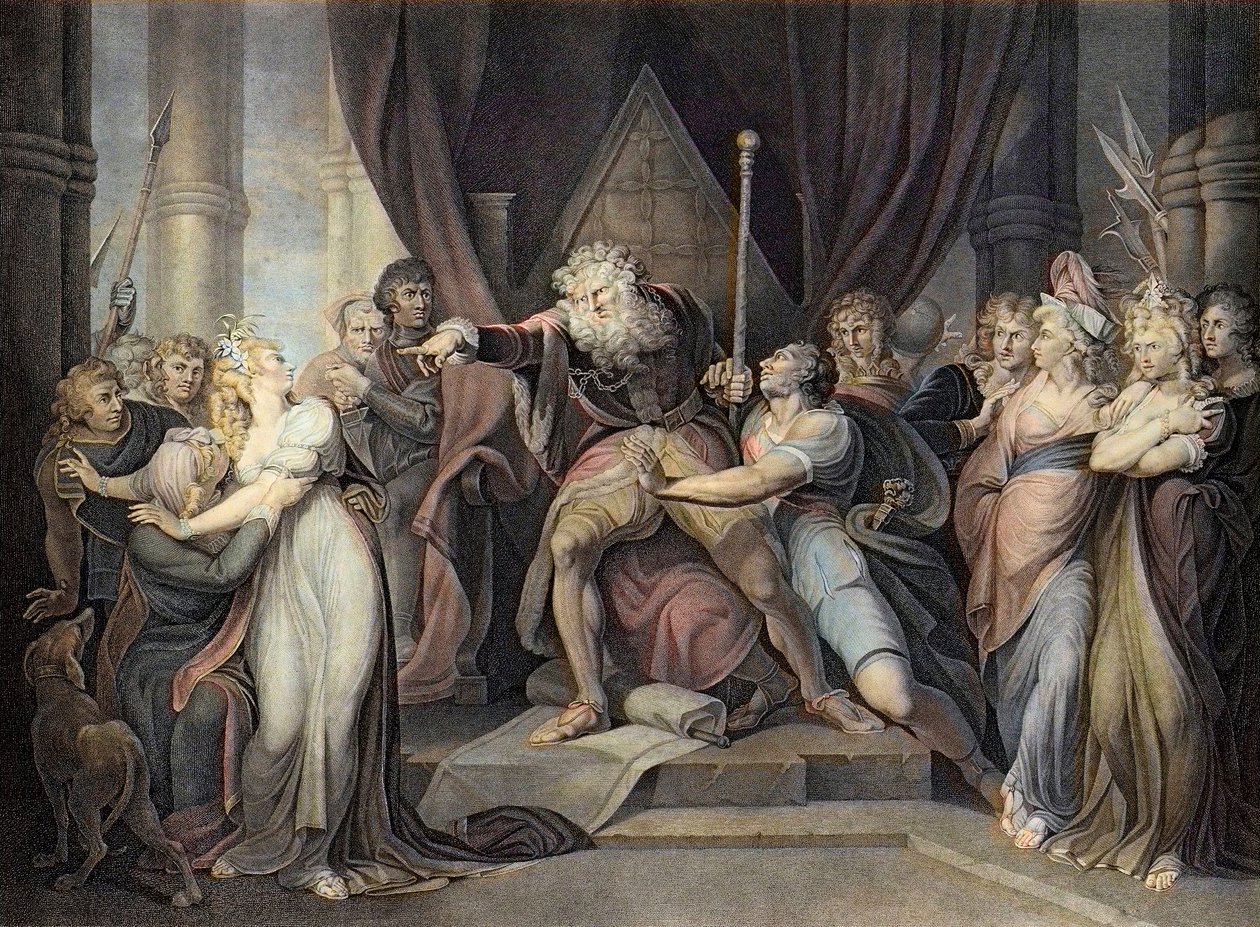 Szekspir - Król Lear - Król Lear - Akt I Scena I. - Król Lear Wypędzający Swoją Córkę Cordelię - Grawerowanie wg Henryka Fuseli autorstwa Henry  Fuseli