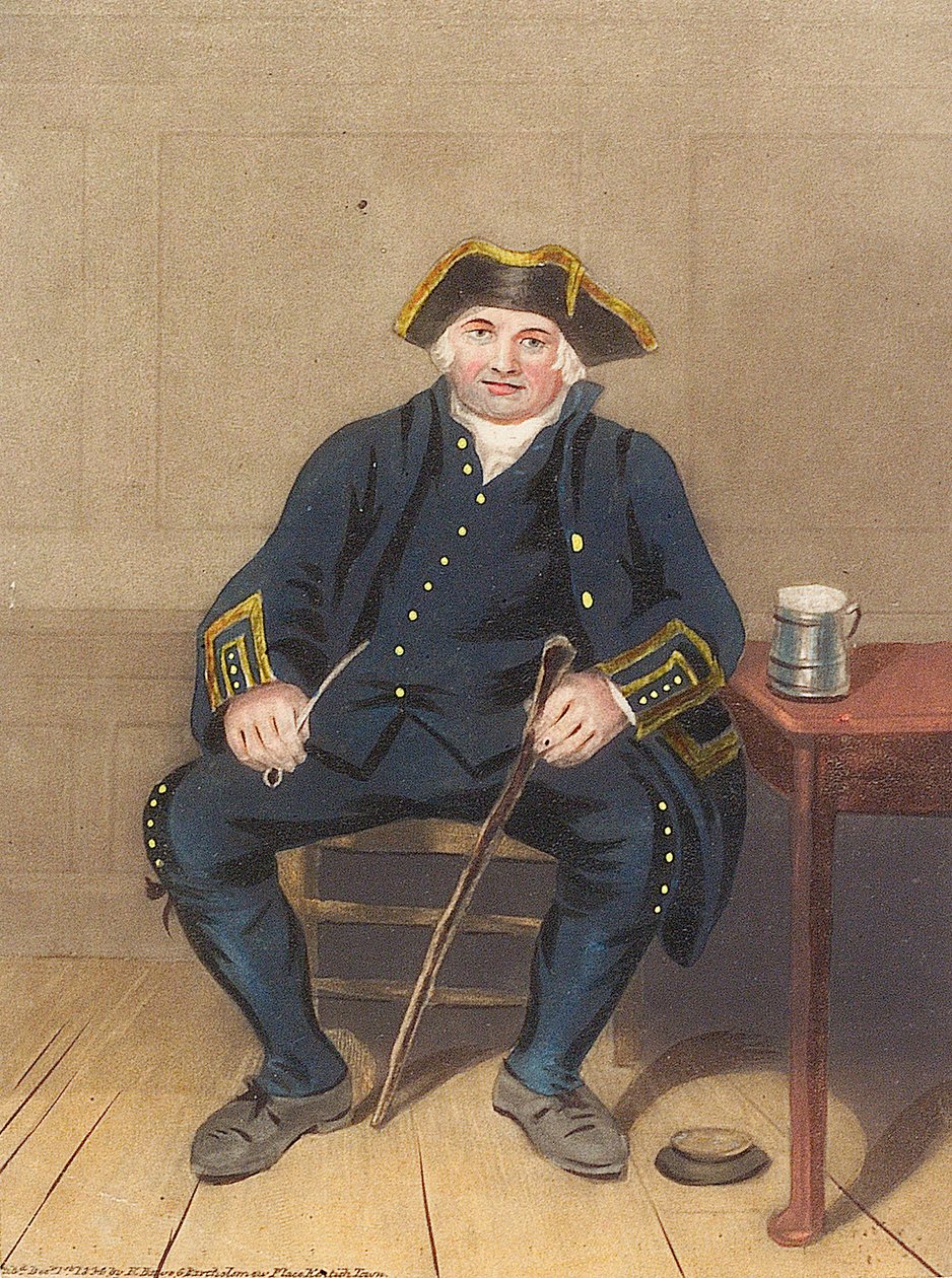 Portret emeryta z Greenwich, siedzącego z glinianą fajką i kuflem (akwatinta) autorstwa Henry (after) Dawe