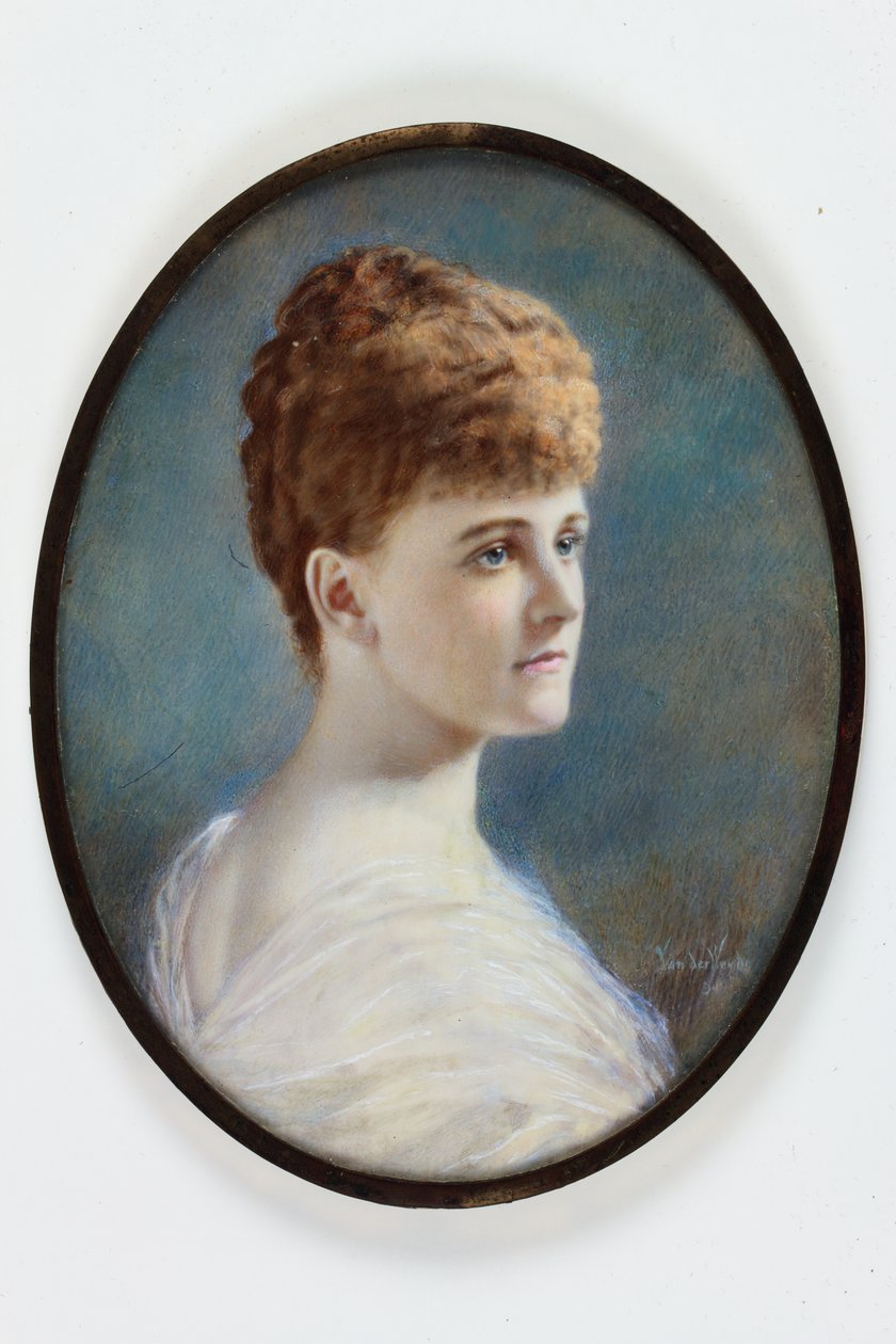 Dama w białej sukni, prawdopodobnie Frances Evelyn (Daisy) Greville, z domu Maynard, Lady Brooke, późniejsza hrabina Warwick autorstwa Henry (attr.to) Van der Weyde