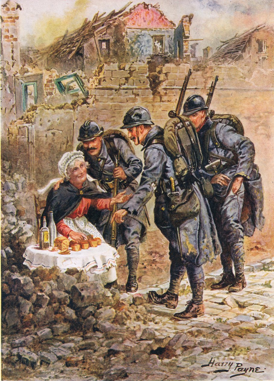 Stara kobieta sprzedająca ciasta wśród spadających domów Verdun, ilustracja z Brave Deeds autorstwa Brave Men autorstwa C. Sheridana Jonesa, wyd. 1922 autorstwa Henry A. 1868 1940 Payne