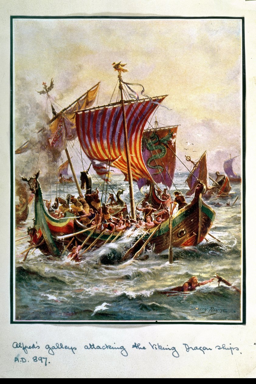 Galery Alfreda atakujące statki Viking Dragon, 897 AD, ilustracja z „Hutchison