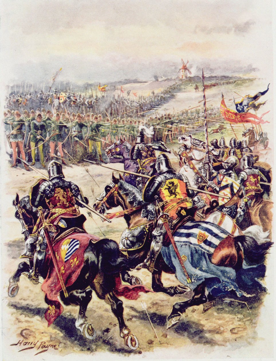Szarża kawalerii francuskiej, ilustracja do „Glorious Battles of English History” majora CH. Wylly, lata 20. autorstwa Henry A. Payne