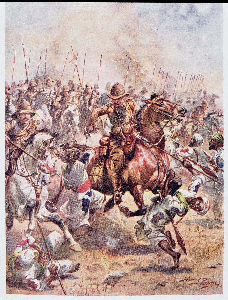 Szarża dwudziestu pierwszych ułanów, ilustracja z „Glorious Battles of English History” majora C.H. Wylly, lata 20. autorstwa Henry A. Payne