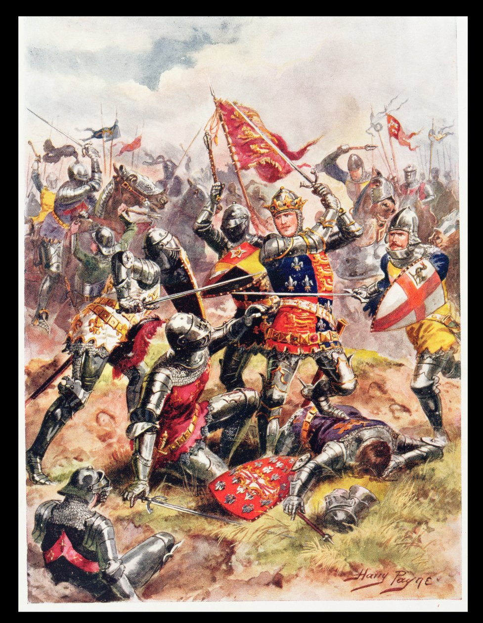 Król Henryk V (1387-1422) walczy z bohaterskim męstwem, ilustracja z „Glorious Battles of English History” majora C.H. Wylly, lata 20. autorstwa Henry A. Payne