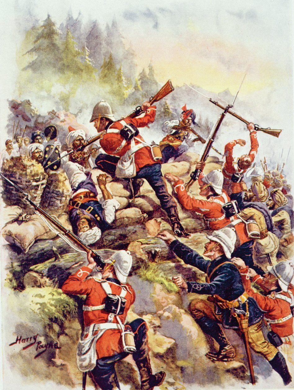 Szturm na wzgórza, ilustracja z „Glorious Battle of English History” majora C.H. Wylly, lata 20. autorstwa Henry A. Payne