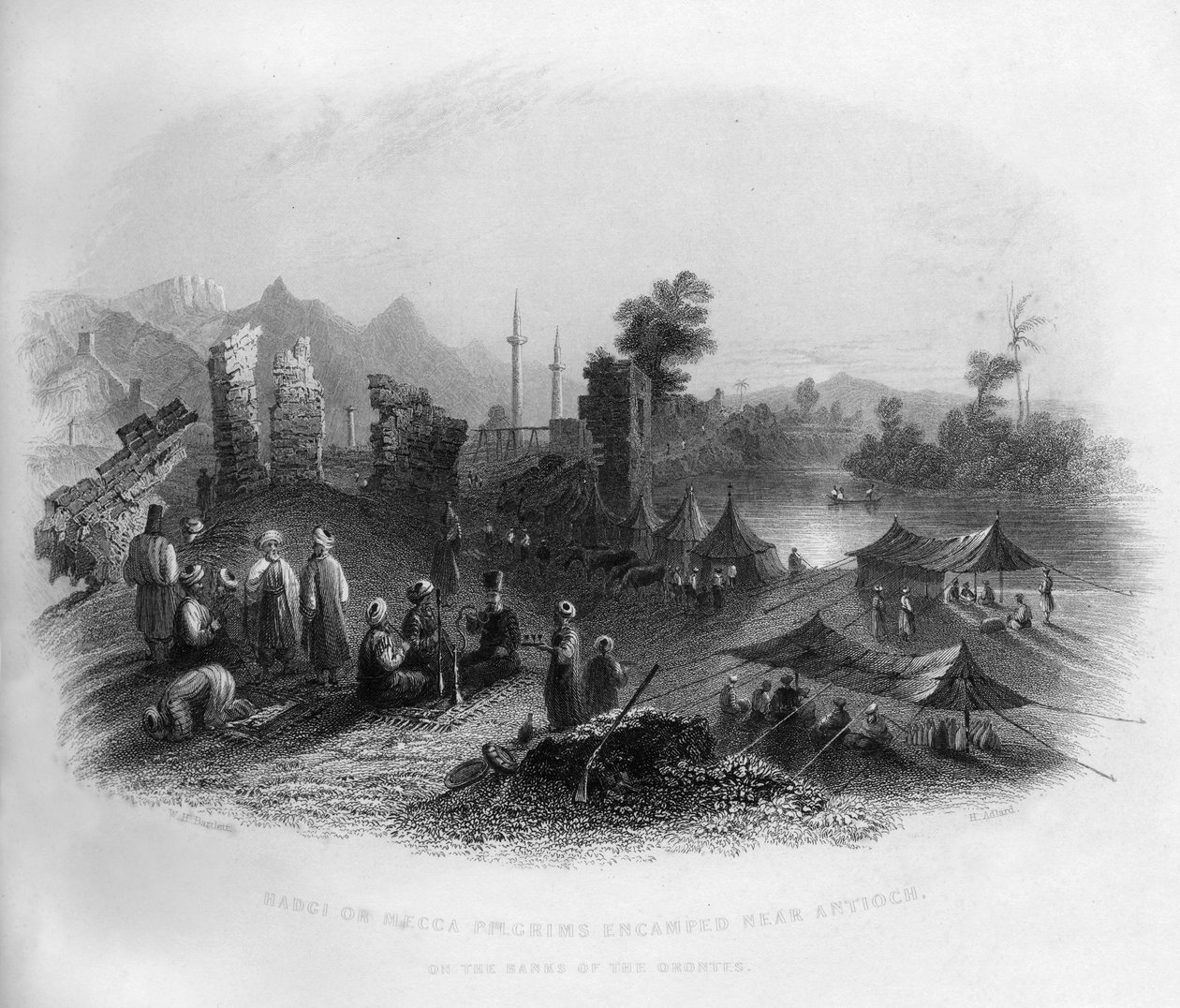 Pielgrzymi Hadgi Mekka obozowali w pobliżu Antiochii, nad brzegiem Orontes, Turcja, 1841 r. autorstwa Henry Adlard