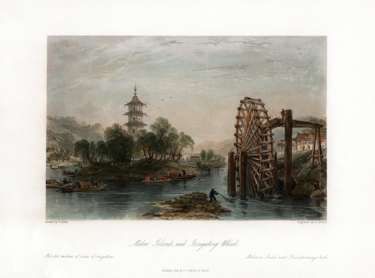 Wyspy melonowe i koło nawadniające, Chiny, ok. 1840 r. autorstwa Henry Adlard