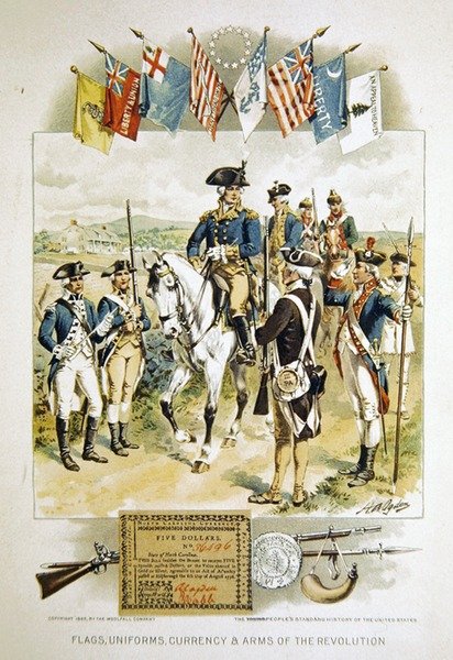 Amerykańskie flagi, mundury, waluta i broń rewolucji, ilustracja ze „Standardowej historii Stanów Zjednoczonych dla młodych ludzi”, wydrukowana przez Woolfall Company autorstwa Henry Alexander (after) Ogden
