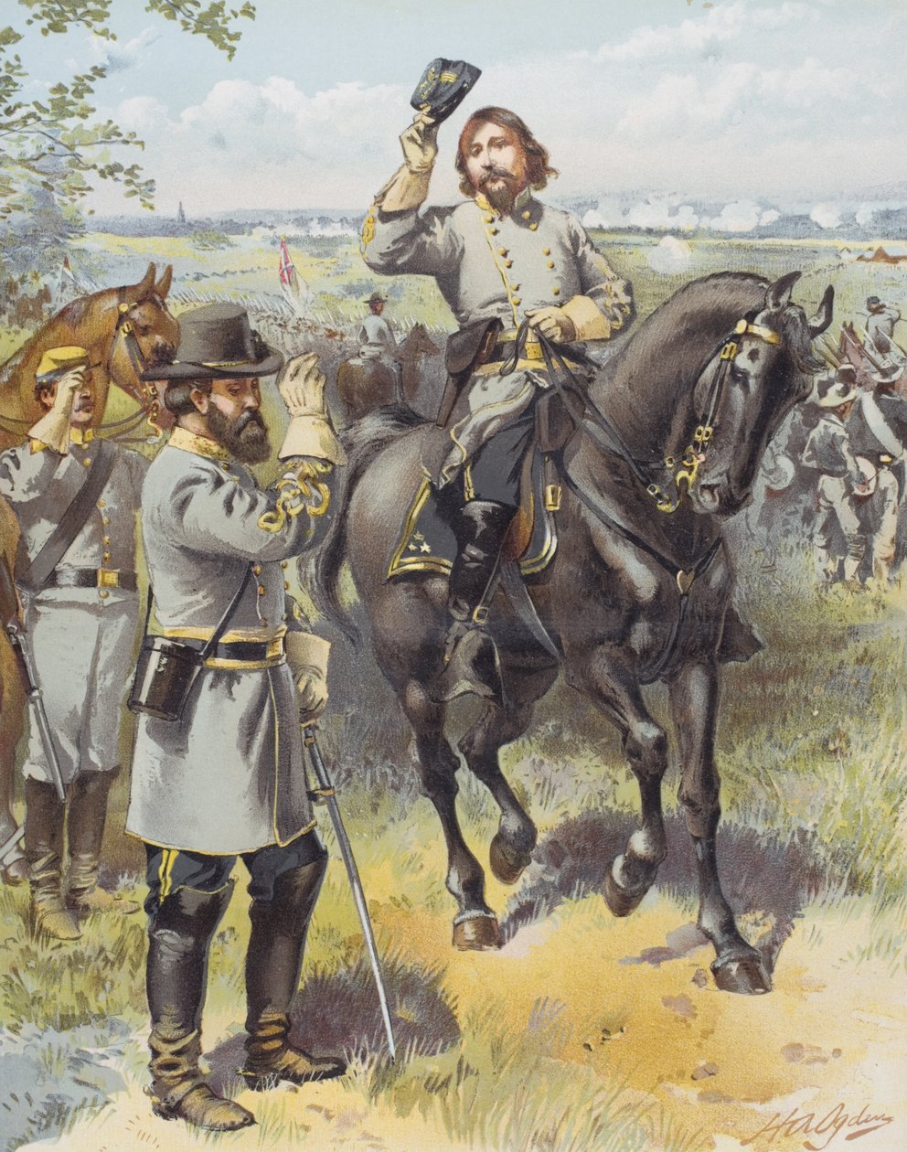 Generał Pickett przyjmujący rozkaz szarży od generała Longstreeta, Bitwa pod Gettysburgiem, 3 lipca 1863 (kolor lito) autorstwa Henry Alexander (after) Ogden