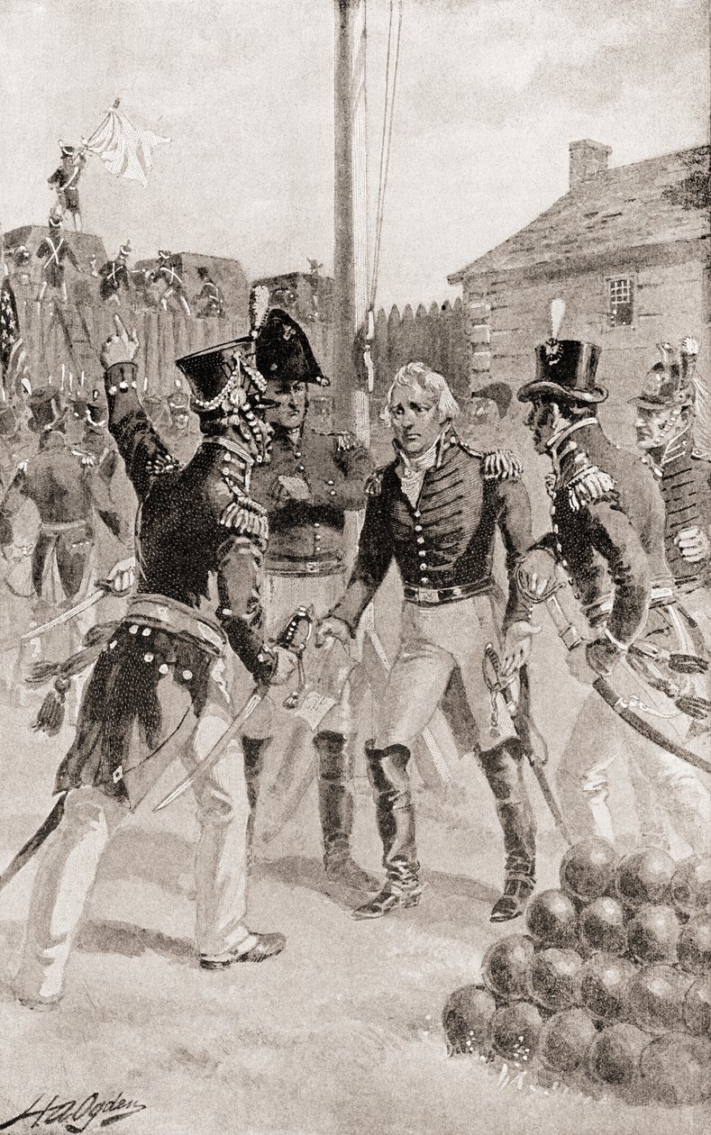 Generał brygady William Hull oddaje fort i miasto Detroit w stanie Michigan w Ameryce podczas oblężenia Detroit, z książki Historia naszego kraju, opublikowanej w 1905 r. autorstwa Henry Alexander Ogden