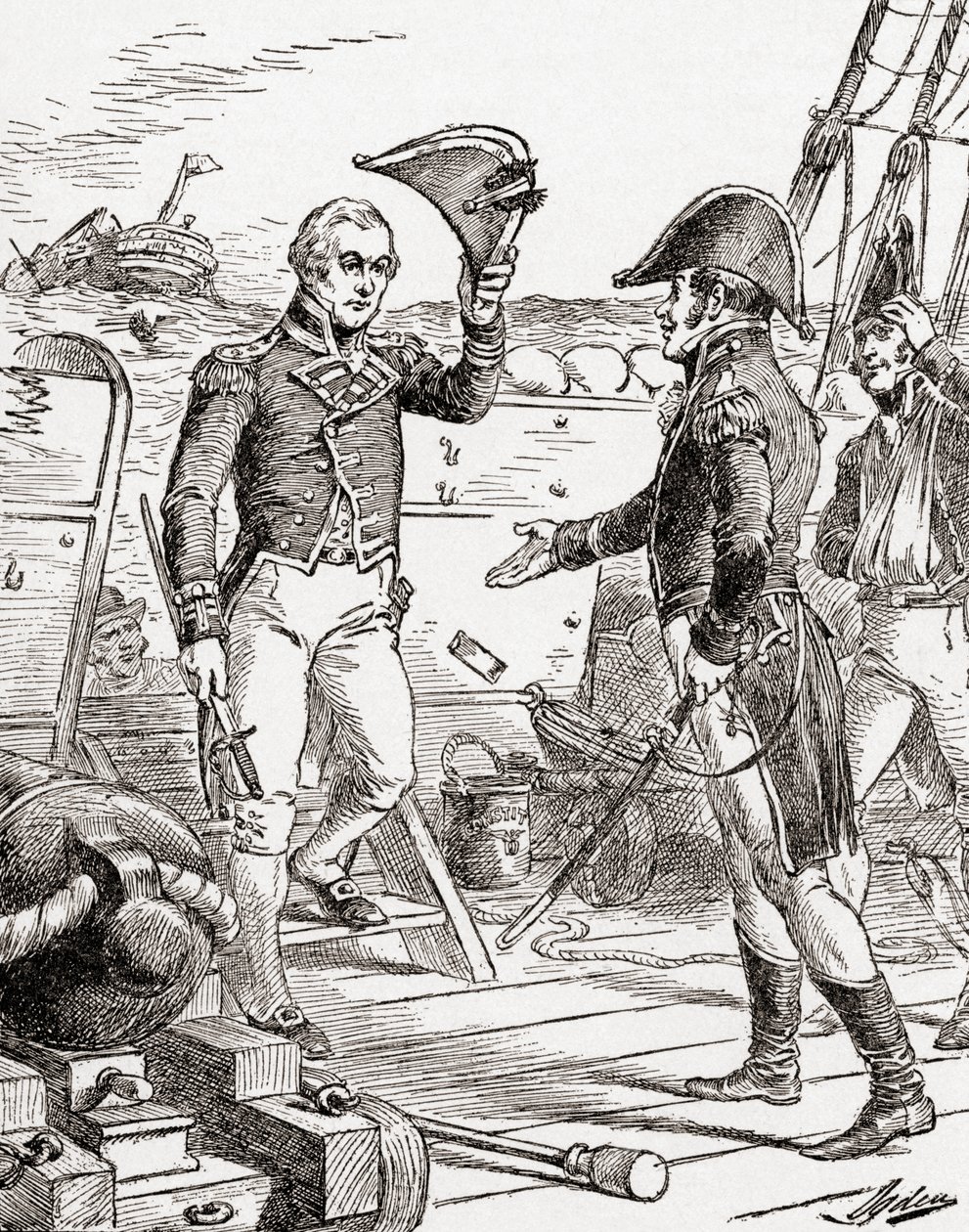 Kapitan Dacres z HMS Guerriere poddaje się i ofiarowuje swój miecz kapitanowi Hullowi na pokładzie USS Constitution po jego klęsce podczas wojny 1812, z Historii naszego kraju, opublikowanej 19 autorstwa Henry Alexander Ogden