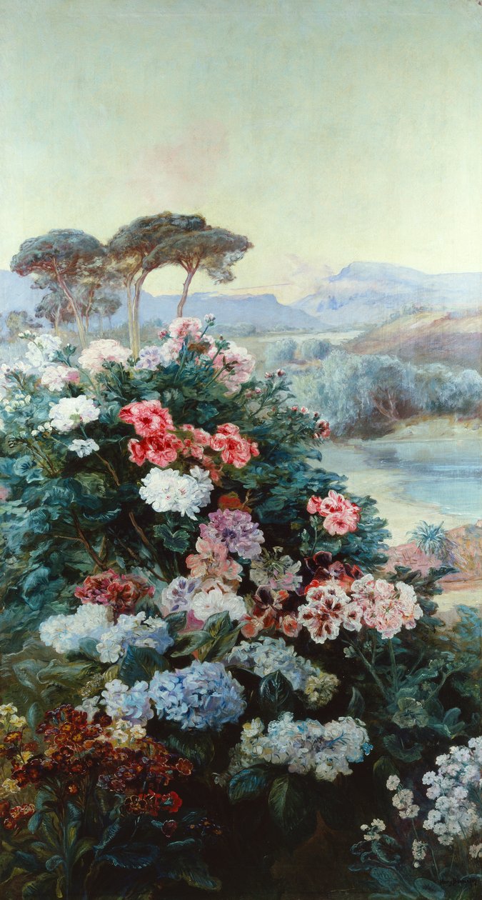 Kamelie i inne kwiaty w pejzażu (olej na płótnie) autorstwa Henry Arthur Bonnefoy