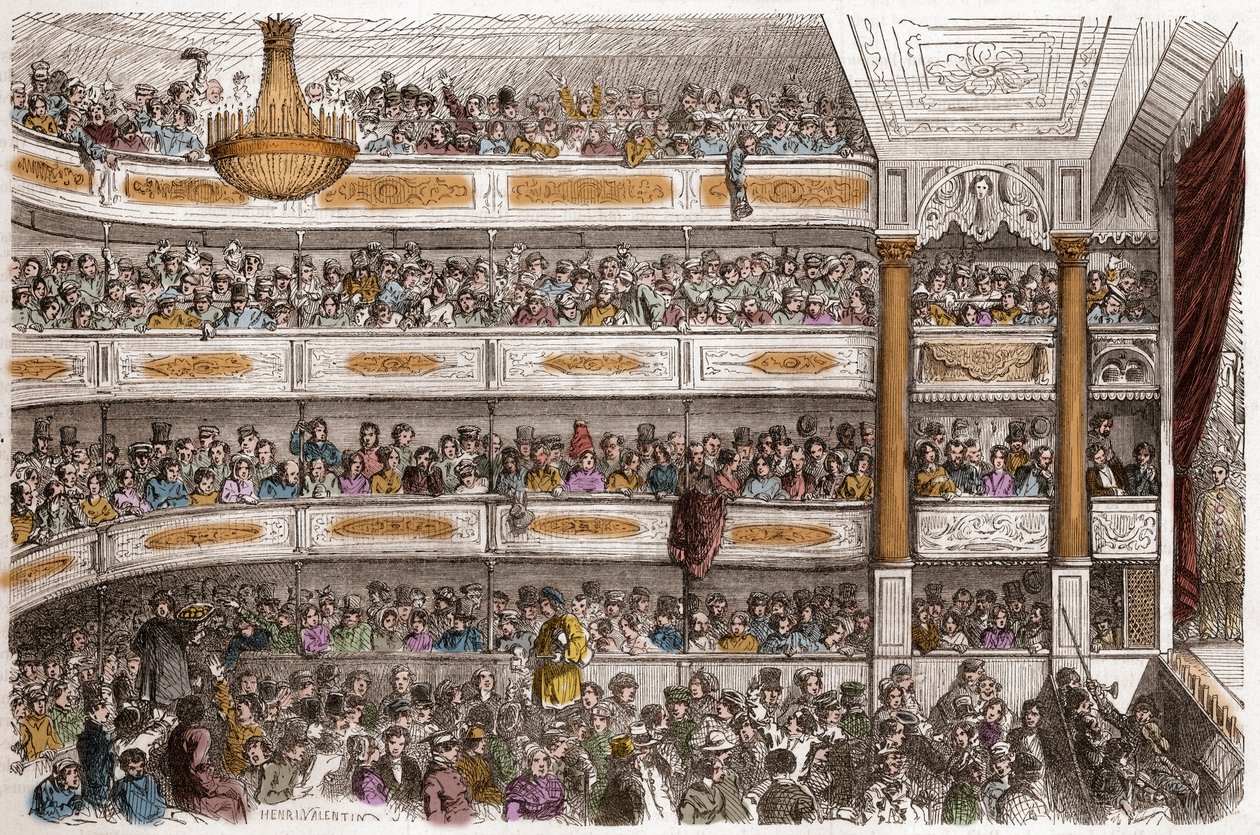 Widownia Theatre des Funambules w Paryżu w XIX wieku - Theatre des Funambules, boulevard du Temple a Paris, w XIX wieku - Grawer Henri Valentina (1822-1886) w „Tableau-de-Paris” Edmonda Texiera 1852 autorstwa Henry Augustin Valentin