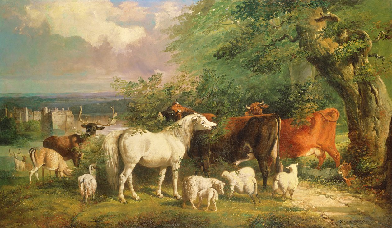 Haddon Hall z owcą, bydłem, jeleniem i kucykiem autorstwa Henry Barraud