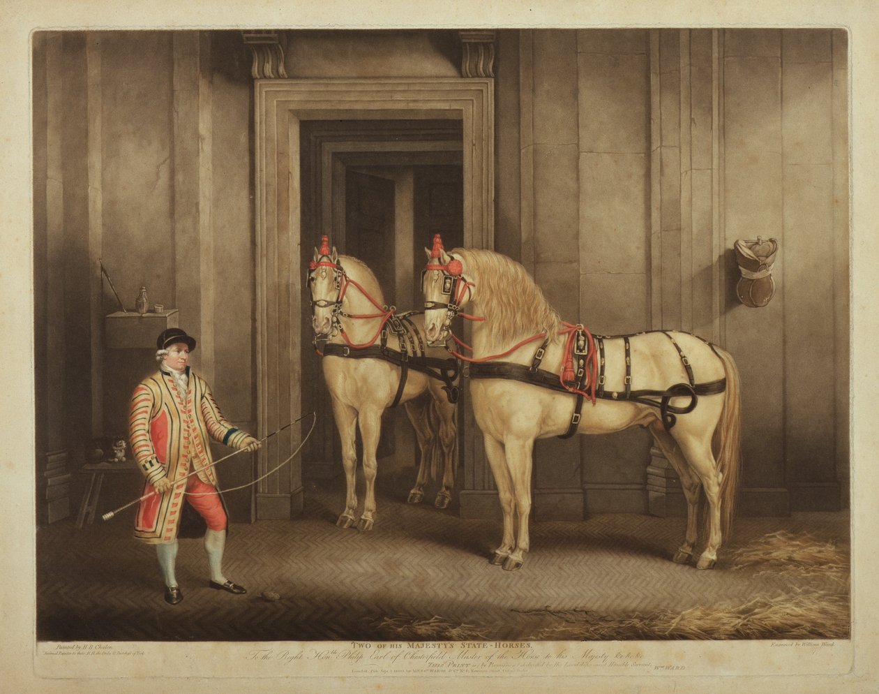 Dwa Konie Państwowe Jego Królewskiej Mości, wyryte przez Williama Warda, 1 września 1800 (mezzotinta) autorstwa Henry Bernard Chalon