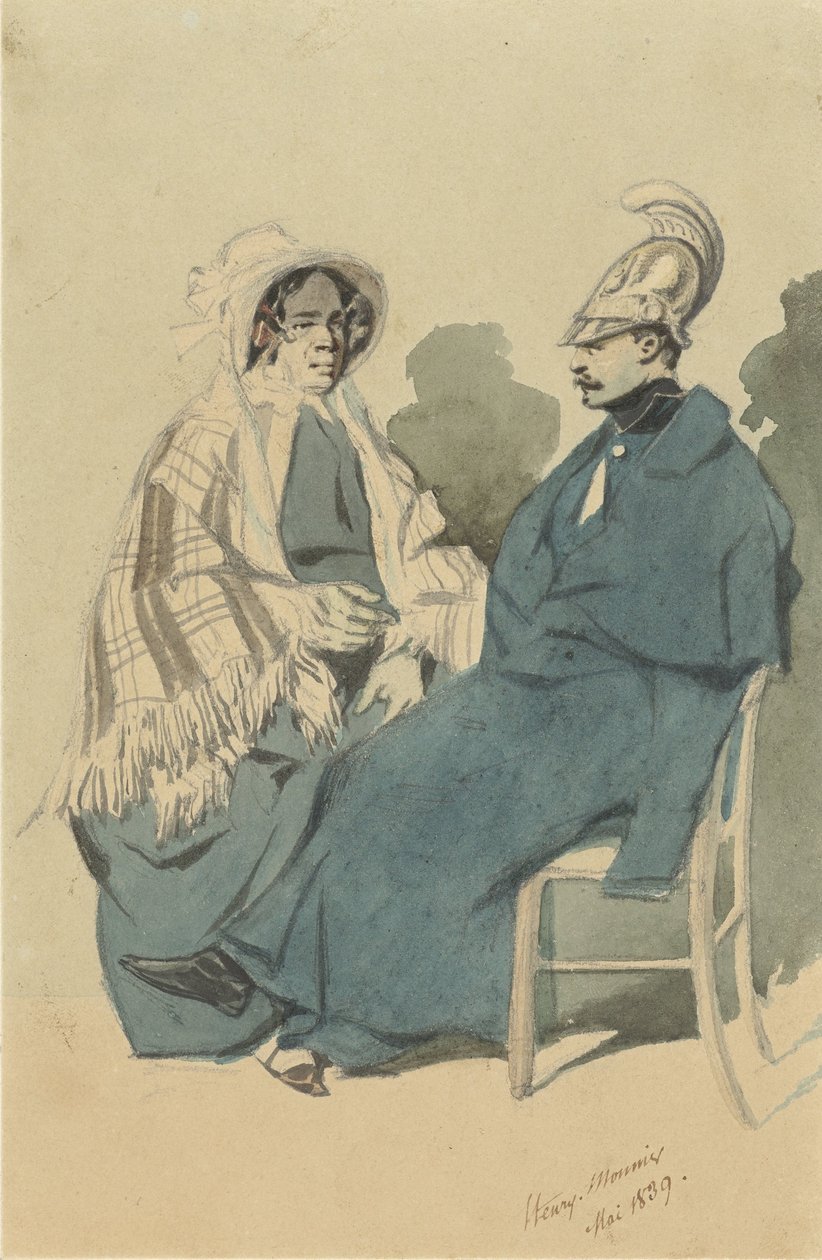 Kirasjer w hełmie i niebieskim płaszczu, siedzący obok starszej pani w podróżnej toalecie autorstwa Henry Bonaventure Monnier