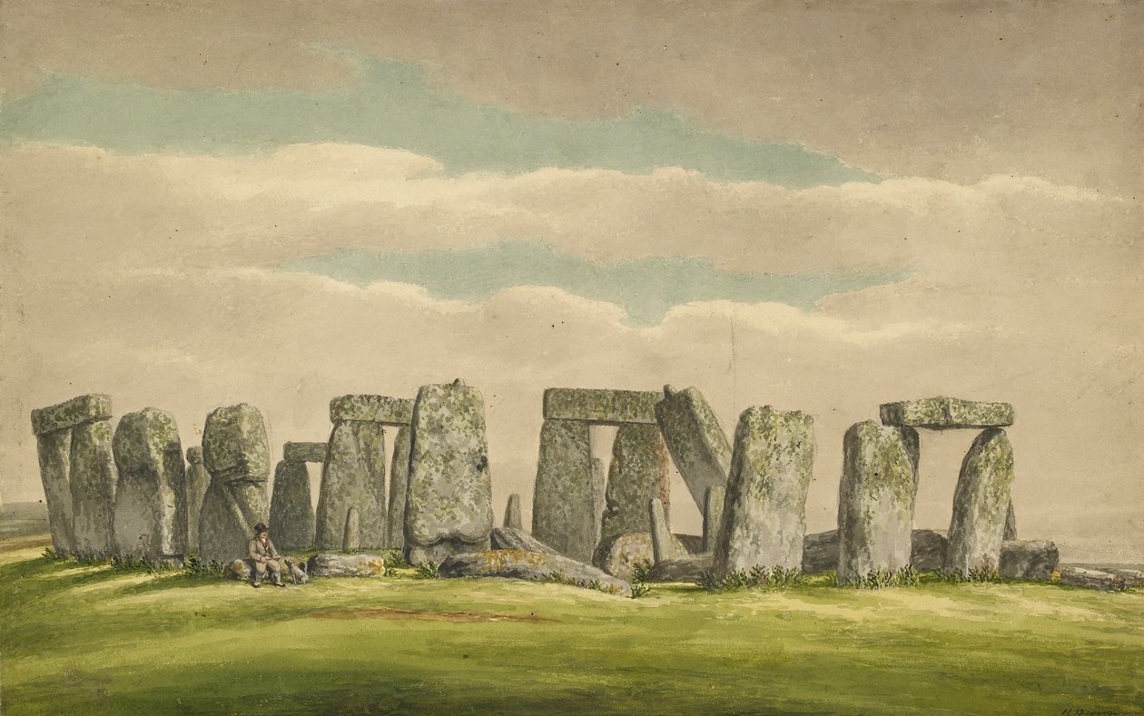 Stonehenge z N.W., przedstawiający ruiny z człowiekiem i psem, 1824-1839 autorstwa Henry Browne