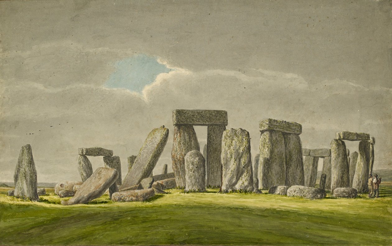 Stonehenge z SE, ukazujące kamienie w stanie ruiny z 2 zwiedzającymi, 1824-1839 autorstwa Henry Browne