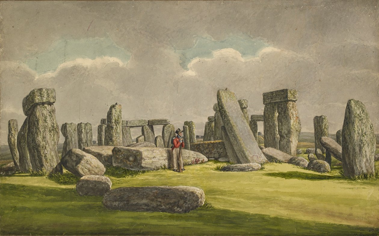 Stonehenge z W.W.W., ukazujący ruiny z żołnierzem, 1824-1839 autorstwa Henry Browne