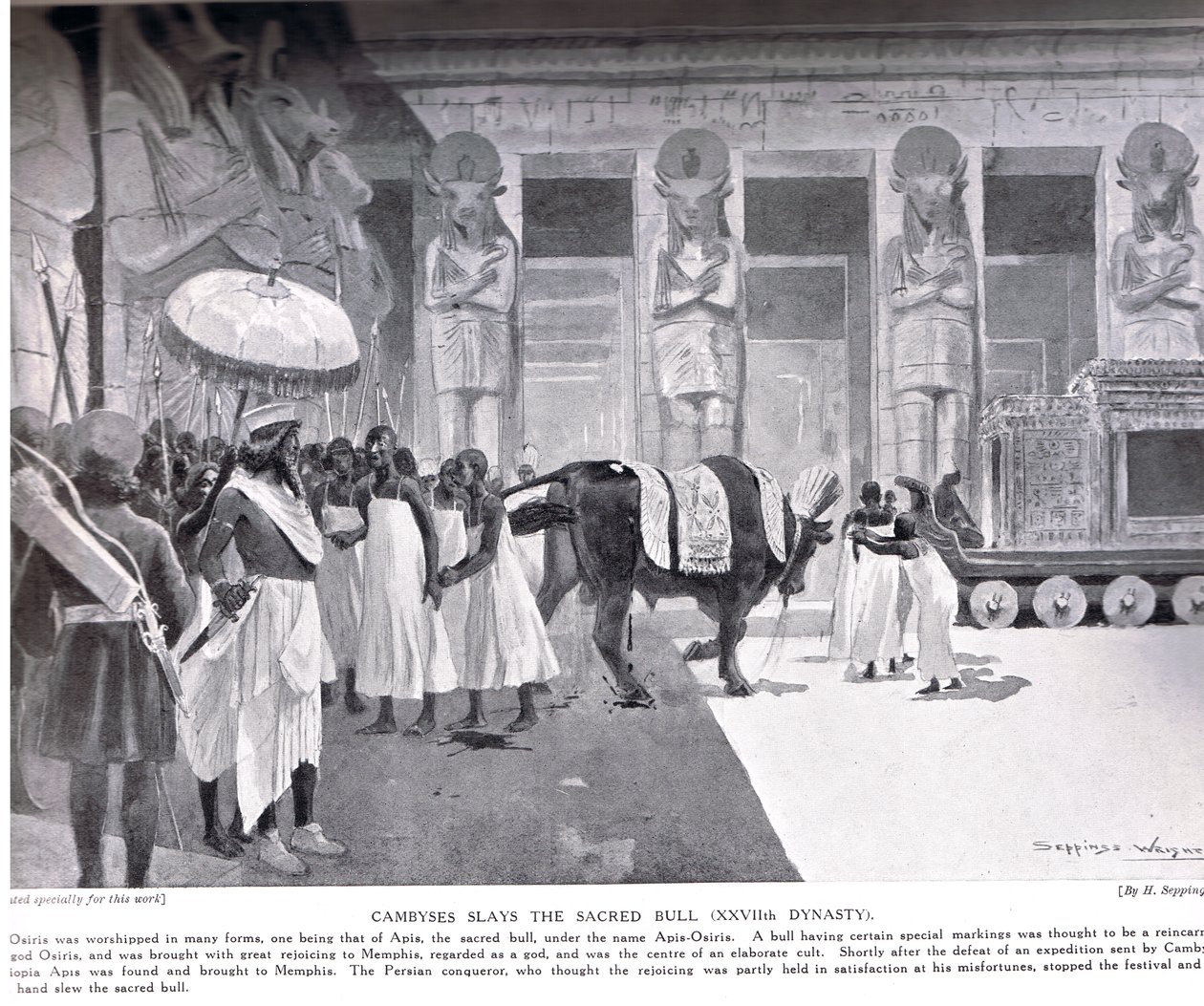 Kambyzes zabija świętego byka, ilustracja z „Hutchinsons History of the Nations”, c.1910 autorstwa Henry Charles Seppings Wright