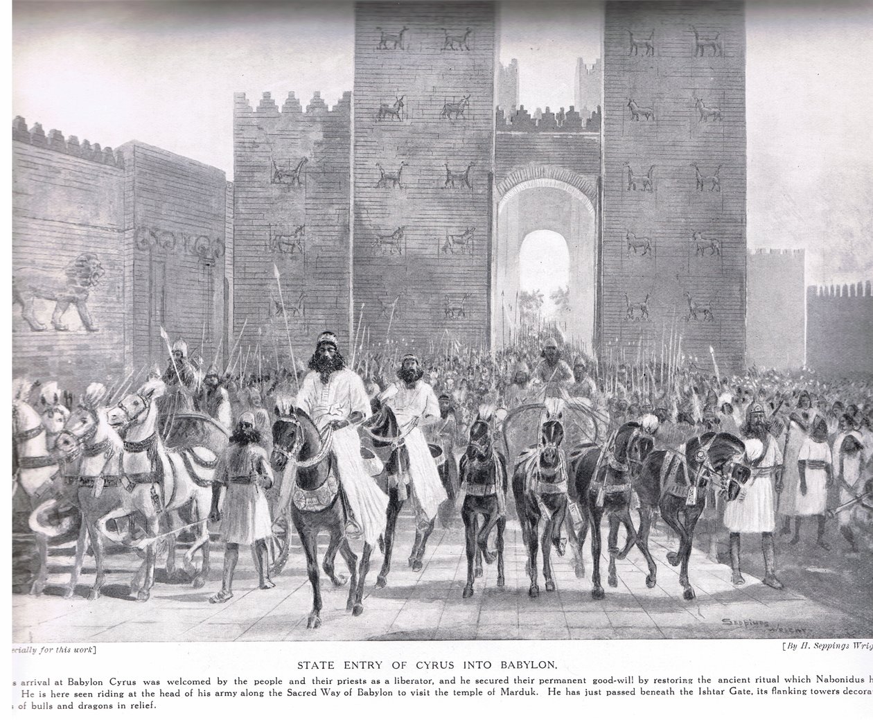 Wejście Cyrusa do Babilonu, ilustracja z „Historii narodów Hutchinsona” autorstwa Henry Charles Seppings Wright