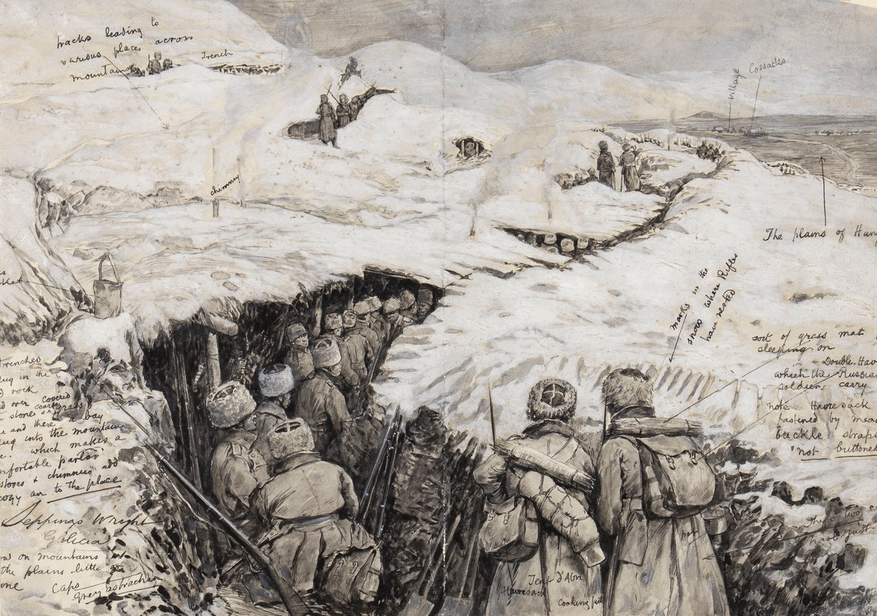 Galicja, wojska rosyjskie na ośnieżonych wzgórzach, 13 marca 1916 (atrament i gwasz na papierze) autorstwa Henry Charles Seppings Wright