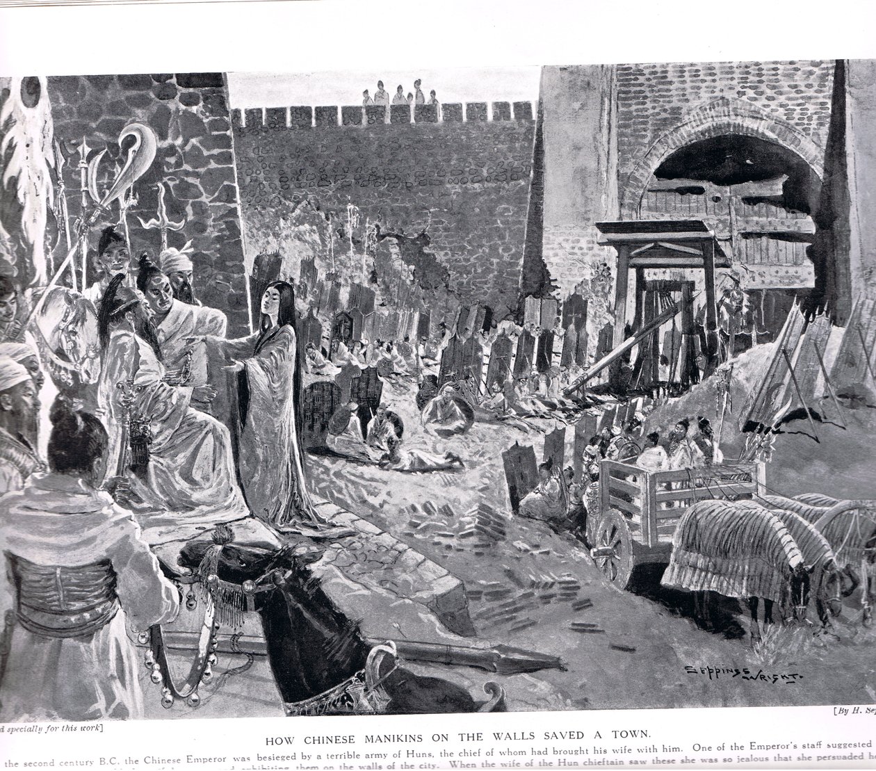Jak chińskie manekiny na ścianie ratują miasto, ilustracja z „Historii Narodów Hutchinsona”, ok.1920 autorstwa Henry Charles Seppings Wright