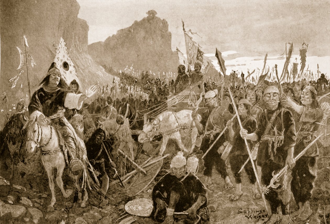 Żołnierze z „wędzidłami” w ustach, ilustracja z „Hutchinsons History of the Nations”, ok.1920 autorstwa Henry Charles Seppings Wright